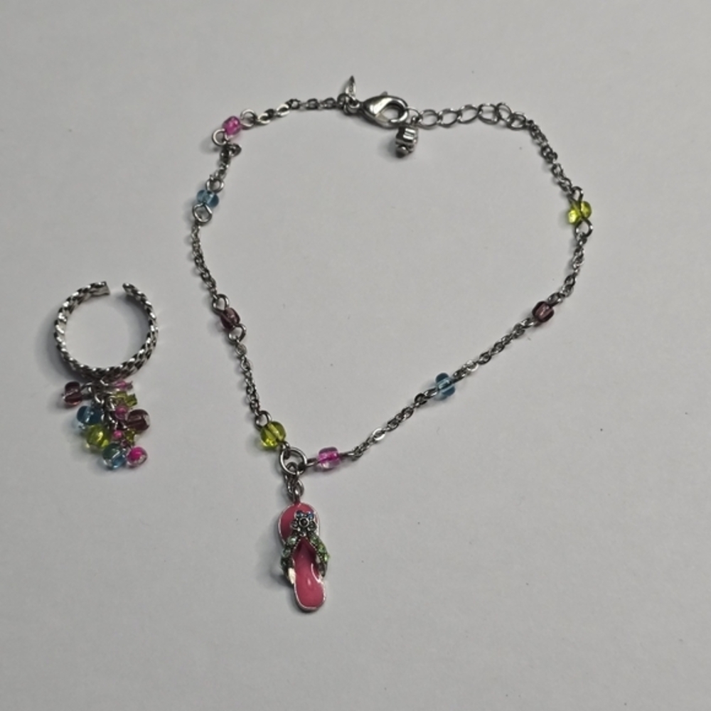 Avon Flip Flop Charm‎ anklet with Colorful Beads + Adjustable Toe Ring Set